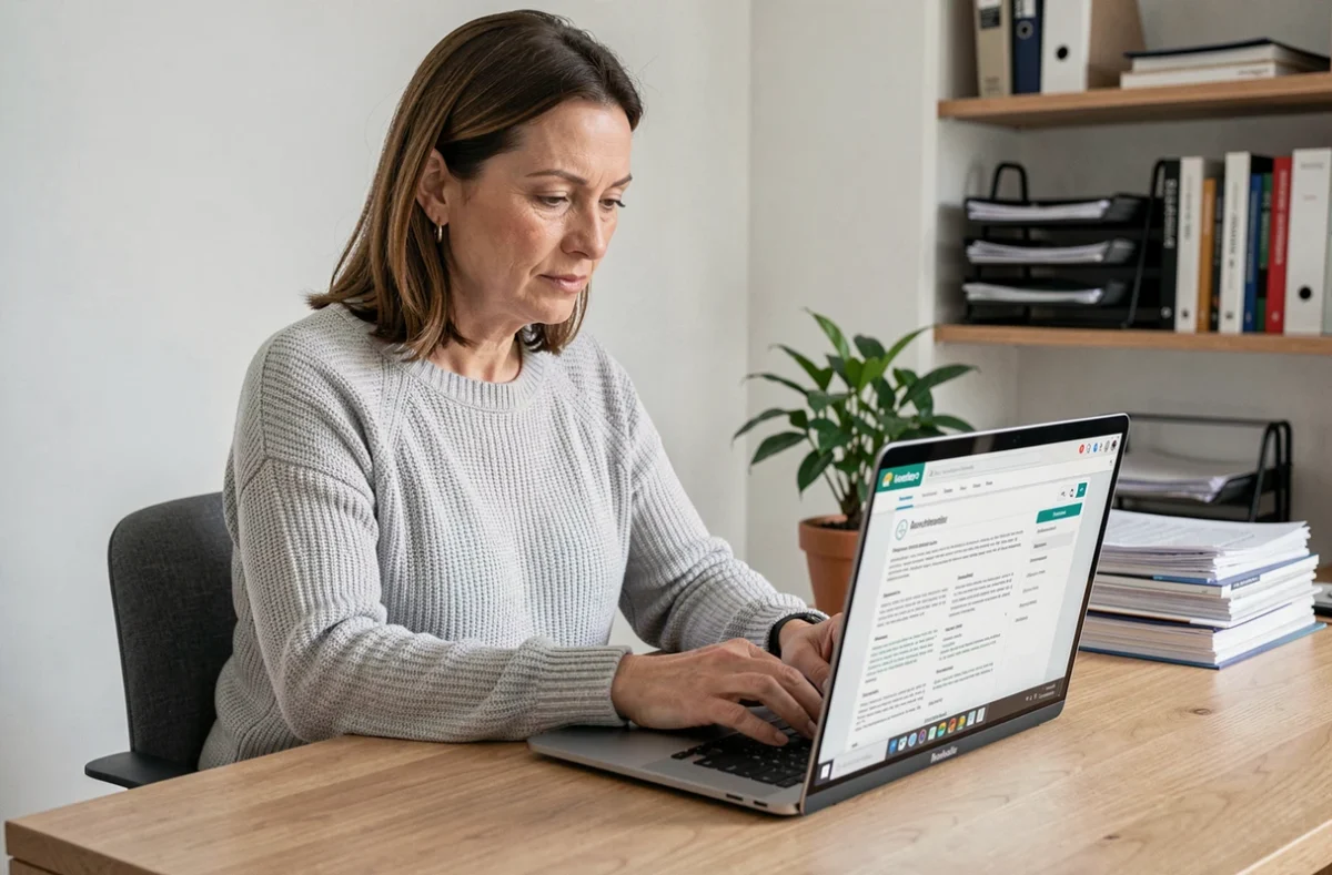 Femme utilisant un espace client en ligne pour gérer ses biens immobiliers via Foncia sur un ordinateur portable
