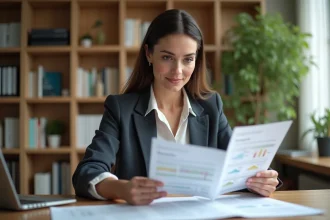 Femme consultant une estimation immobilière gratuite en ligne sur son bureau à domicile