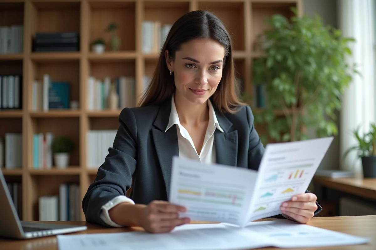 Femme consultant une estimation immobilière gratuite en ligne sur son bureau à domicile