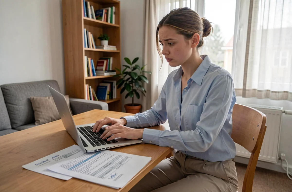 Étudiante consultant un contrat de location meublée et une assurance habitation sur son bureau