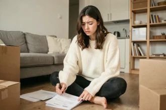 Étudiante assise sur le sol d'un appartement meublé en train de lire un contrat de location sans assurance