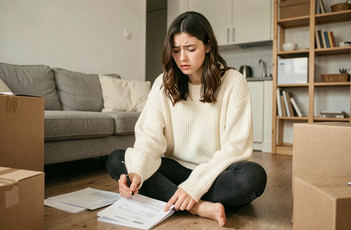 Étudiante assise sur le sol d'un appartement meublé en train de lire un contrat de location sans assurance