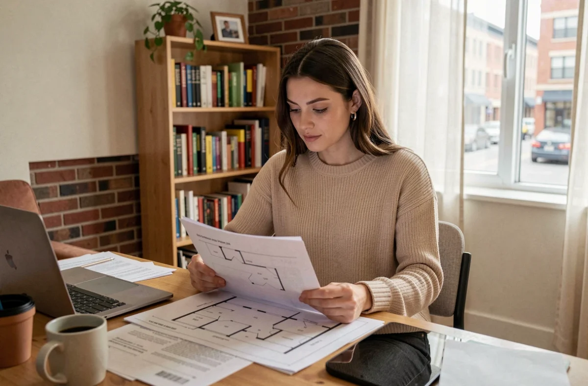 Jeune étudiante consultant des plans d'appartement dans un studio cosy en ville universitaire