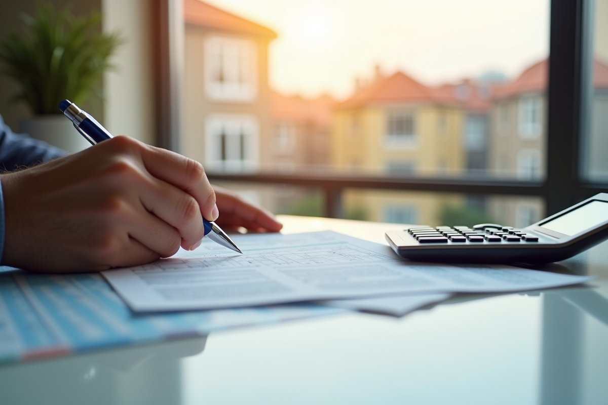 Professionnel examinant documents fiscaux immobiliers avec calculatrice