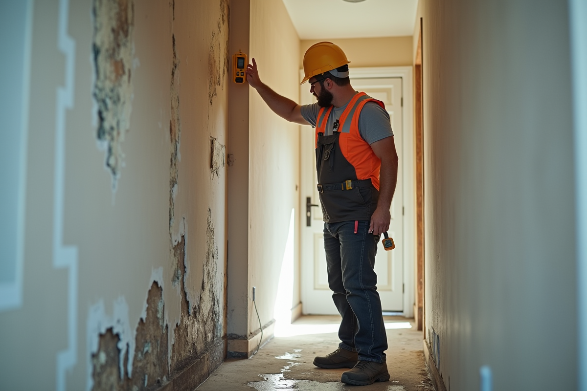 Professionnel examinant mur humide dans un couloir