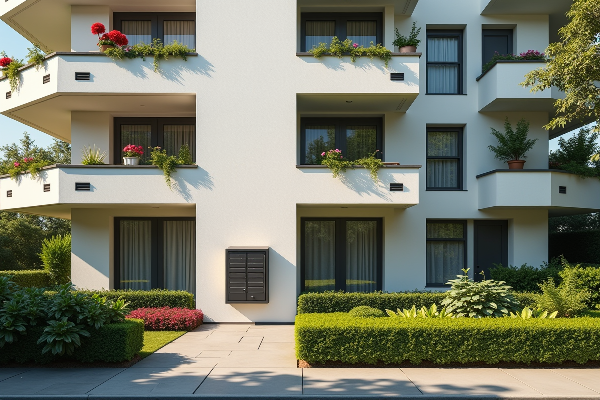 Façade d un immeuble moderne avec balcons et boîtes aux lettres en jour