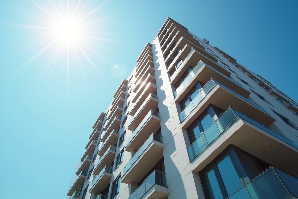 Façade d un immeuble moderne avec balcons et ciel bleu