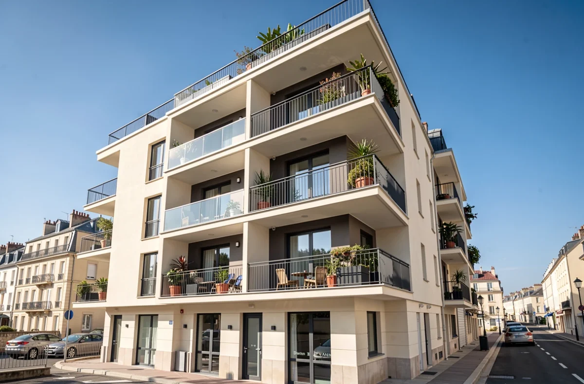 Façade d'un immeuble locatif dans une ville côtière