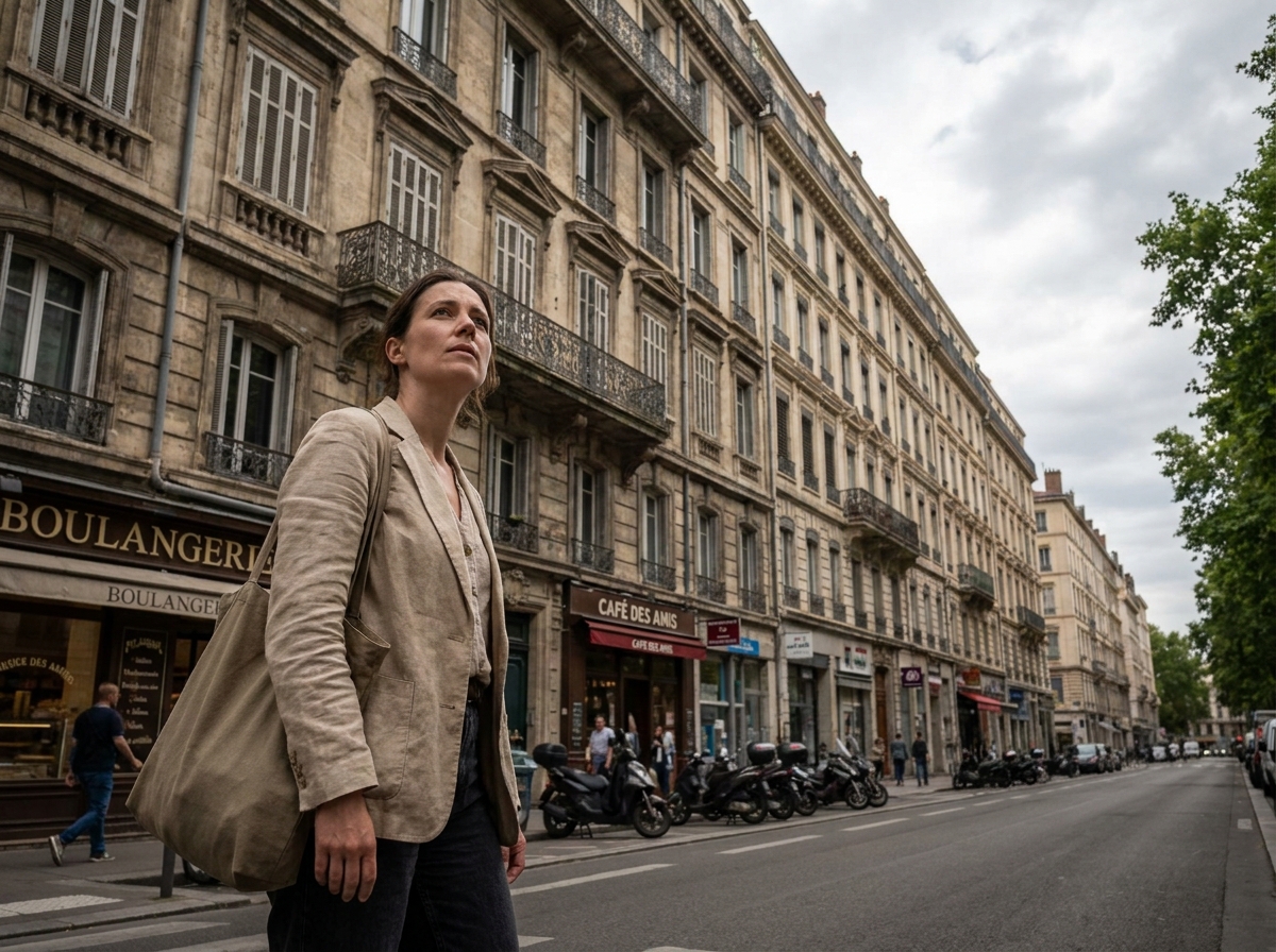 Façade d'immeuble haussmannien dans le 3e arrondissement de Lyon avec une habitante