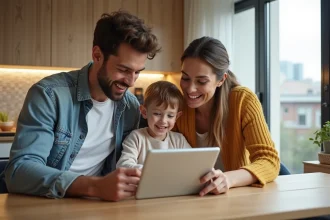 Famille souriante autour d'une table avec tablette en appartement