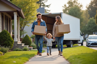 Famille heureuse déménageant devant une maison