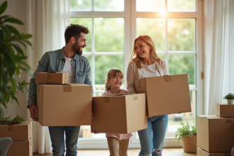Famille souriante emmenage dans un appartement lumineux