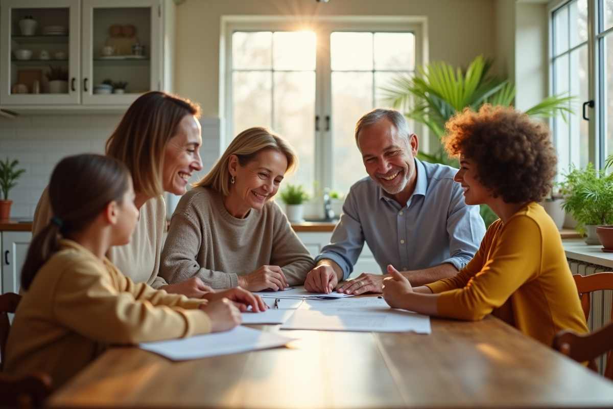 Famille multigeneration autour d'une table en cuisine lumineuse