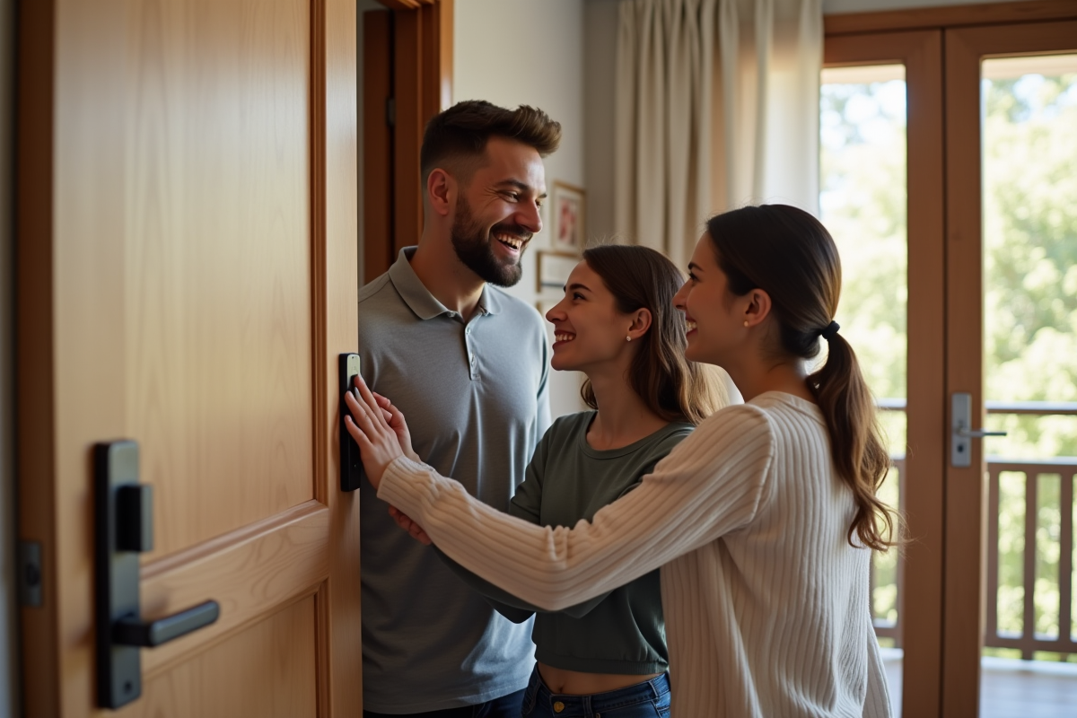 Famille souriante installant une serrure connectée à la porte