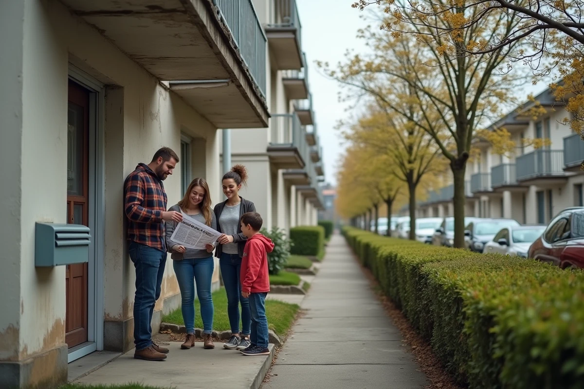 Famille de quatre personnes devant un immeuble de logement social en banlieue résidentielle