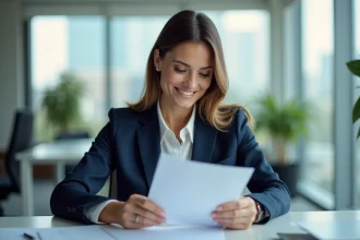 Femme d'affaires souriante dans un bureau moderne