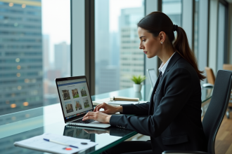 Femme d'affaires regardant des annonces immobilières en bureau