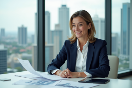 Femme d'affaires en réunion avec rapports immobiliers