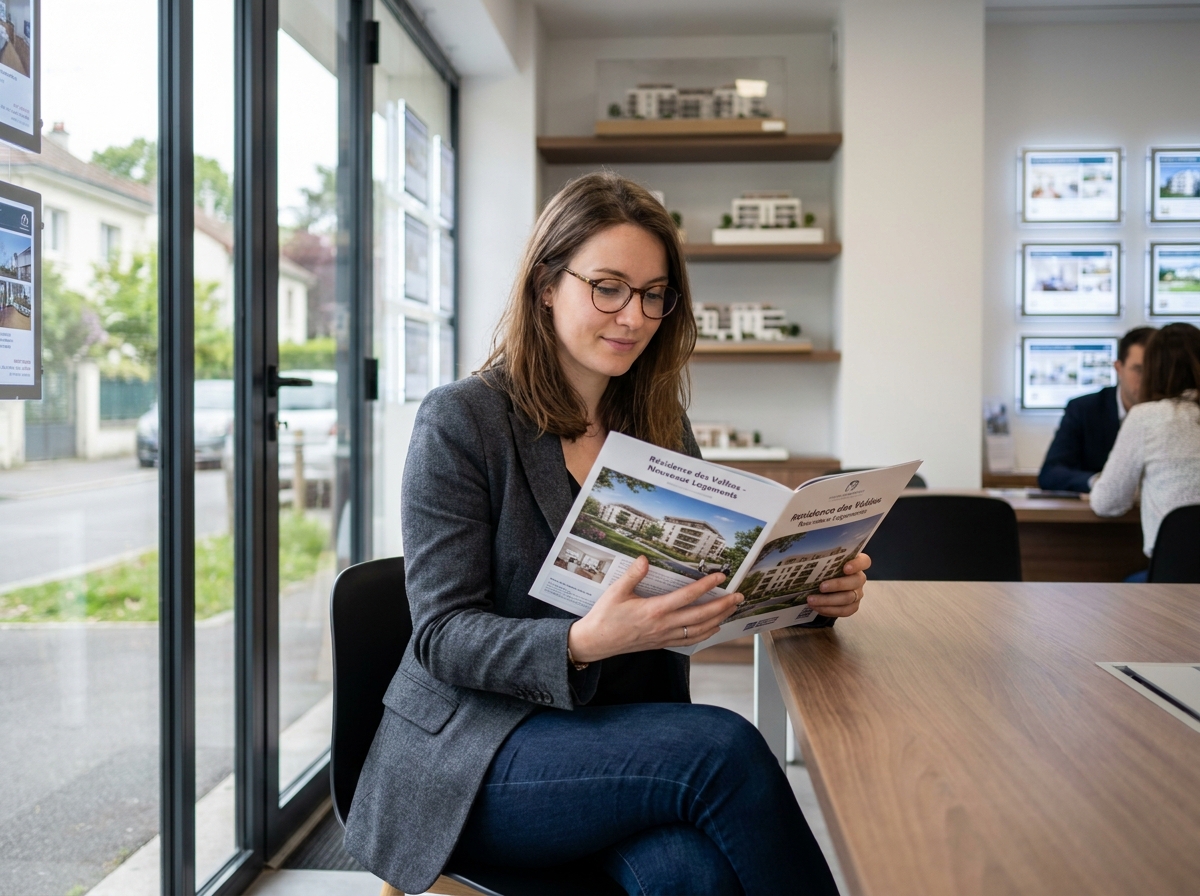 Femme consultant une brochure immobilière dans une agence neuf à Clamart