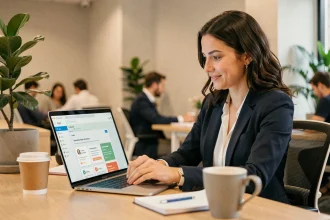 Femme agent immobilier IAD en formation sur le portail iadintranet depuis son bureau en espace de coworking