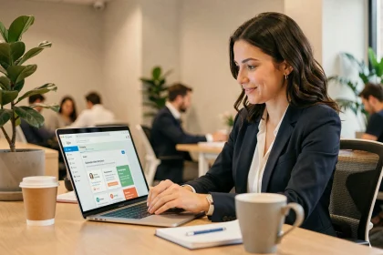 Femme agent immobilier IAD en formation sur le portail iadintranet depuis son bureau en espace de coworking