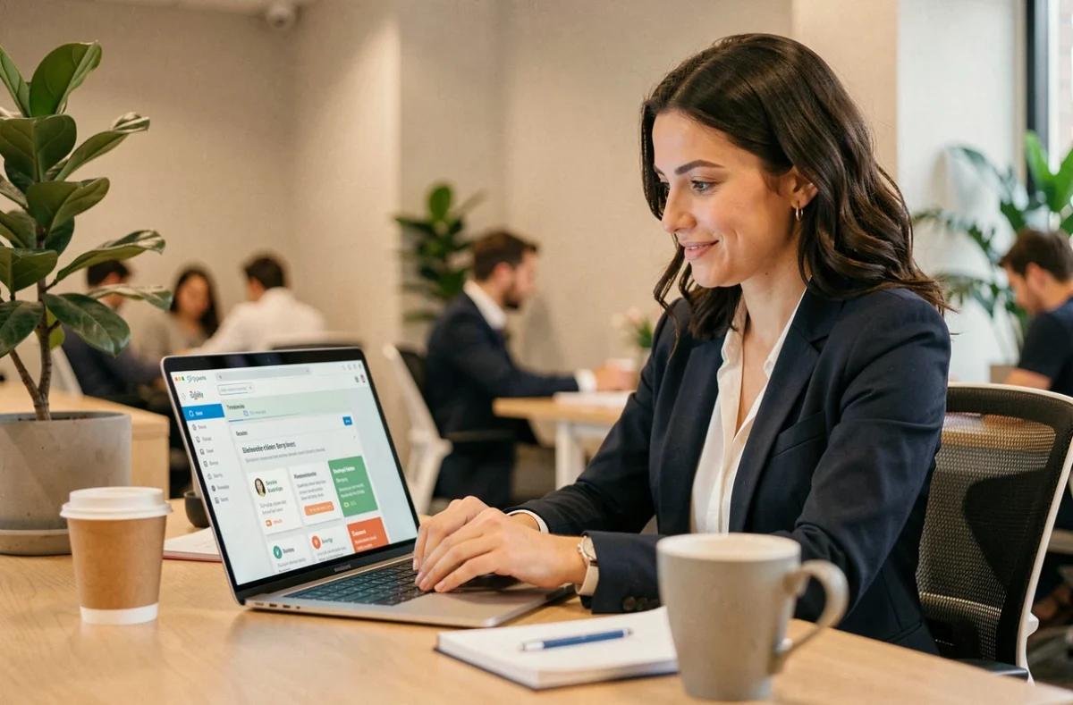 Femme agent immobilier IAD en formation sur le portail iadintranet depuis son bureau en espace de coworking