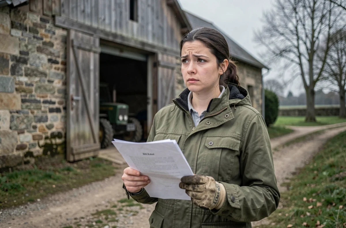 Femme agricultrice tenant un document de bail rural devant une grange en pierre avec une expression préoccupée