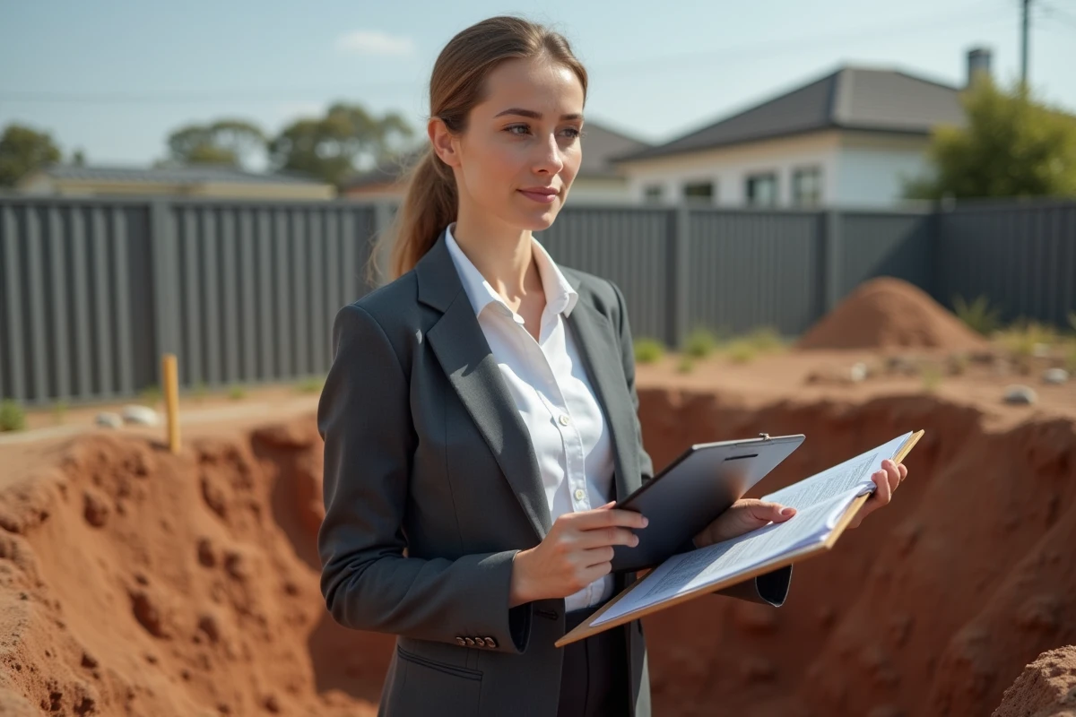 Jeune femme en costume analysant un rapport de sol sur un chantier r&eacute;sidentiel