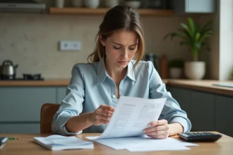 Femme analysant ses relevés bancaires à la maison