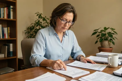 Femme consultant un avis favorable de commission d'attribution de logement à son bureau
