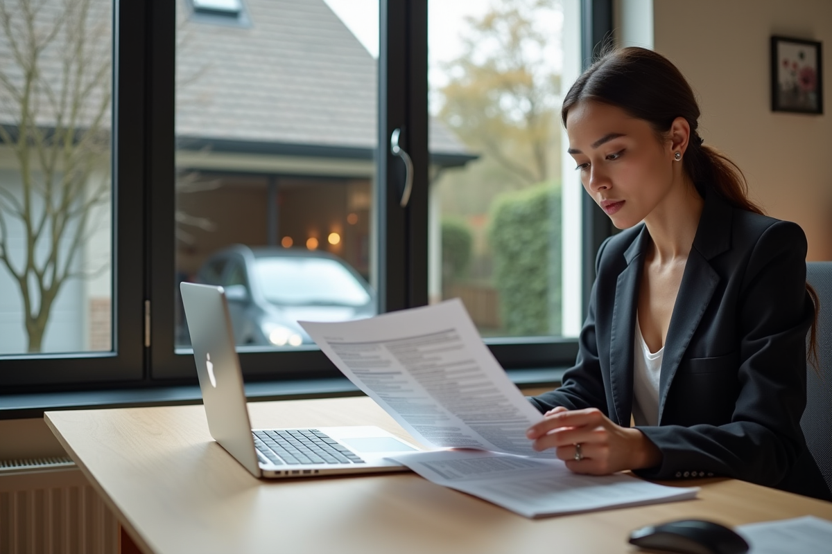Jeune femme au bureau à domicile examinant un document fiscal
