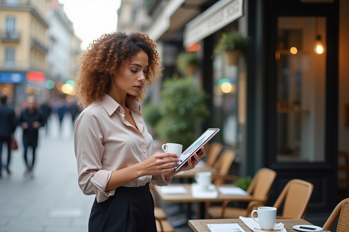 Femme analysant un graphique sur une tablette en café urbain