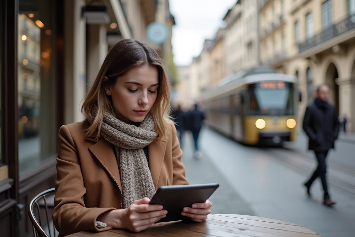 Femme assise au café à Grenoble