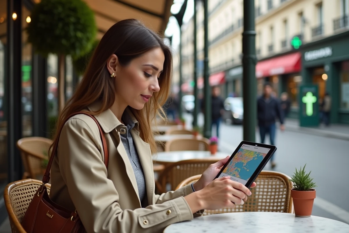 Femme parisienne consultant une carte des inégalités de Paris sur tablette en terrasse de café dans un quartier riche