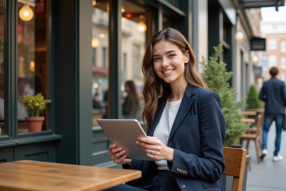 Jeune femme avec tablette dans un café en plein air