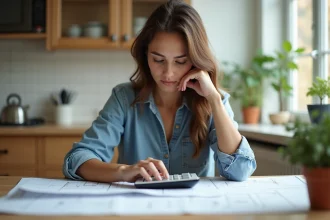 Jeune femme utilisant une calculatrice pour plans de maison