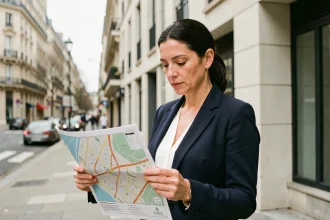 Femme tenant une carte immobilière devant un immeuble en zone tendue dans une ville française