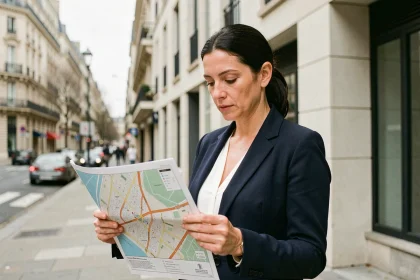 Femme tenant une carte immobilière devant un immeuble en zone tendue dans une ville française