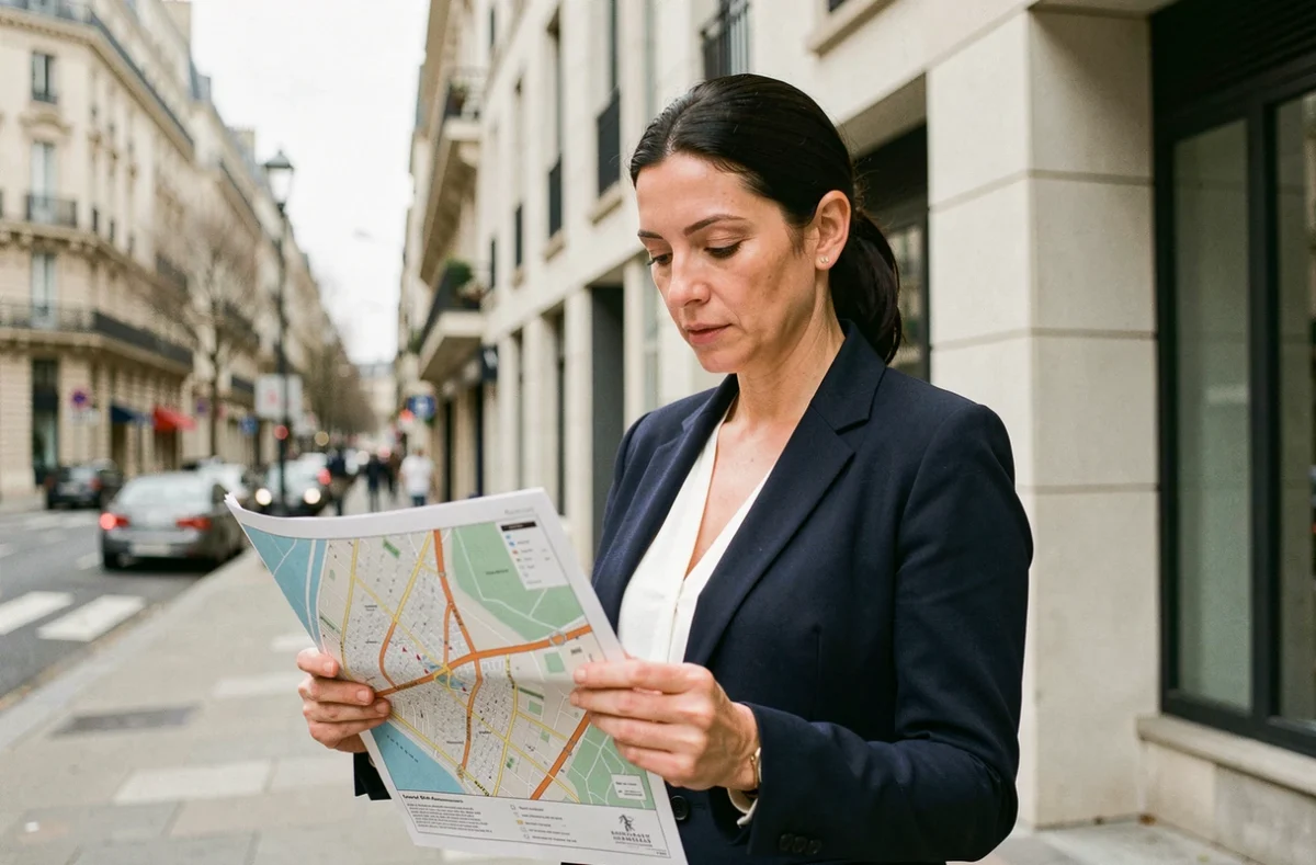 Femme tenant une carte immobilière devant un immeuble en zone tendue dans une ville française