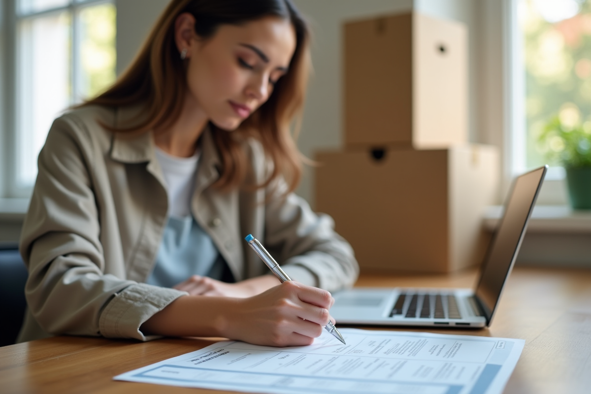 Jeune femme remplissant formulaire de changement d'adresse à la maison
