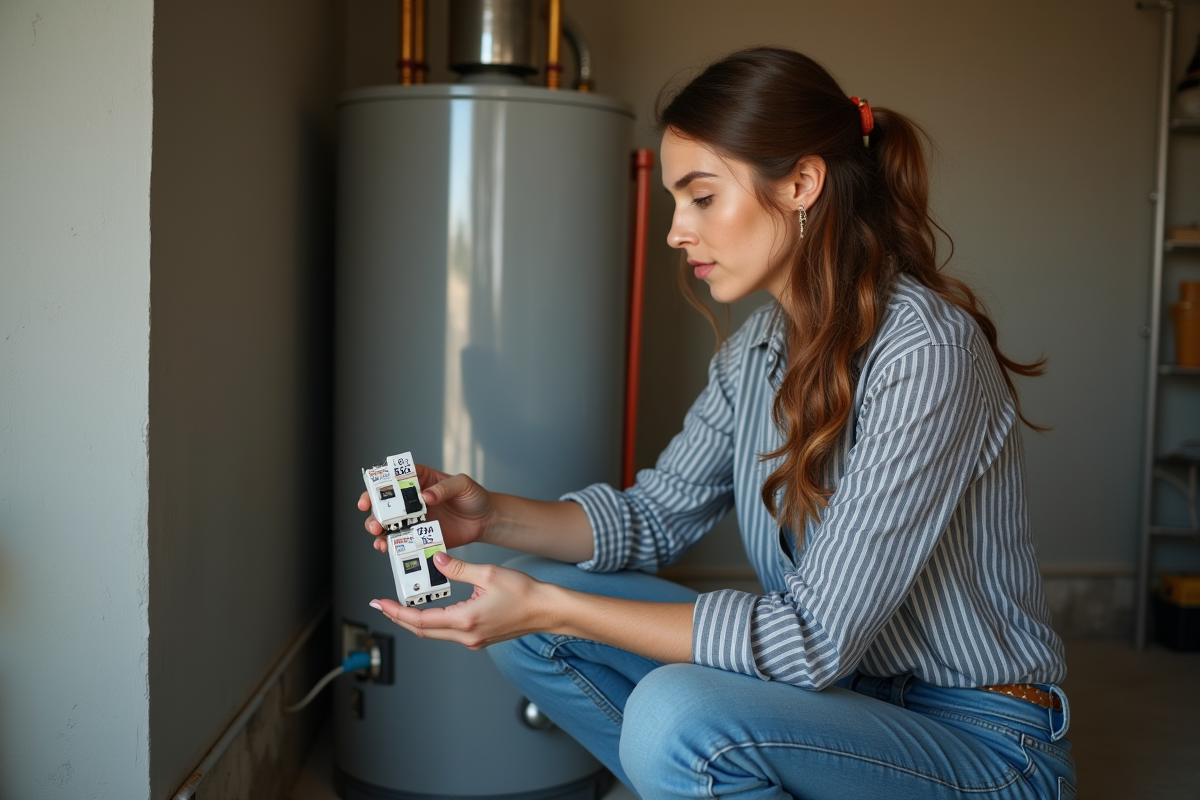 Jeune femme compare deux disjoncteurs dans un sous-sol