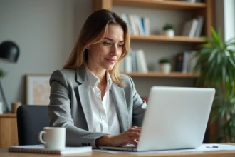 Femme consultant ses charges de copropriété sur MyFoncia depuis son bureau à domicile