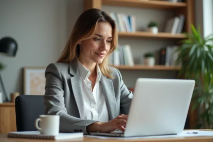 Femme consultant ses charges de copropriété sur MyFoncia depuis son bureau à domicile