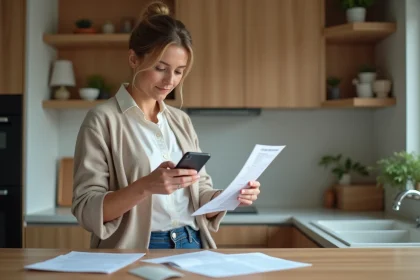 Femme examinant sa facture d'électricité dans la cuisine