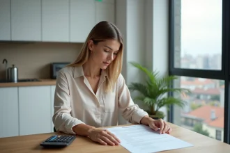 Femme examinant un contrat de location dans une cuisine urbaine