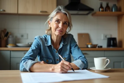 Femme concentr&eacute;e remplissant un papier de location dans sa cuisine