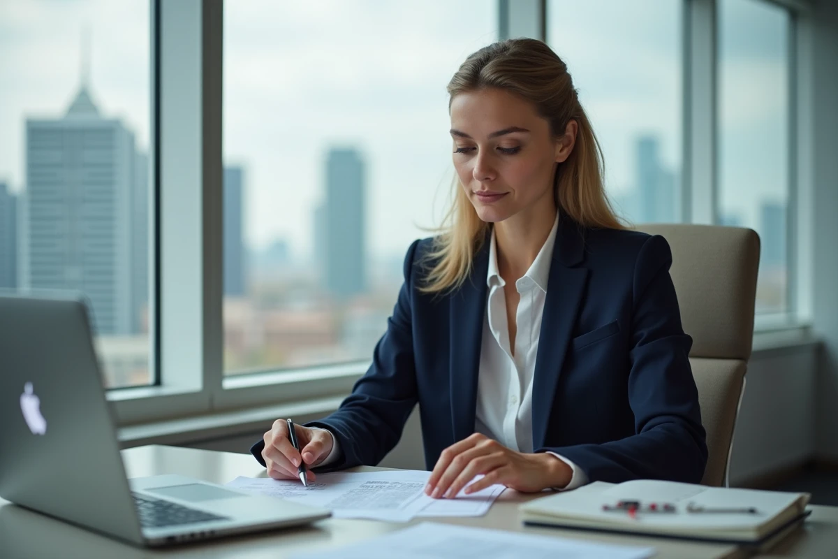 Femme en bureau discute options d