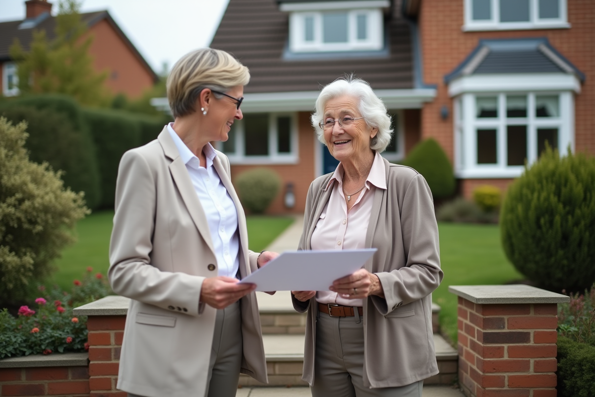 Femme souriante discutant avec un agent immobilier devant une maison