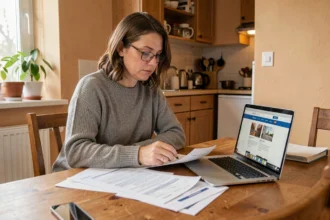 Femme consultant des documents d'assurance habitation dans un appartement T2 avec un ordinateur portable