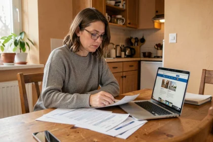 Femme consultant des documents d'assurance habitation dans un appartement T2 avec un ordinateur portable